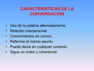 CARACTERISTICAS DE LA
CONVERSACION
• Uso de la palabra alternadamente.
• Relación interpersonal.
• Conocimientos en común.
• Referirse al mismo asunto.
• Puede darse en cualquier contexto.
• Sigue un orden y coherencia.
 