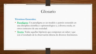 Glosario
Términos Generales:
• Paradigma: Un paradigma es un modelo o patrón sostenido en
una disciplina científica o epistemológica o, a diversa escala, en
otros contextos de una sociedad.
• Teoría: Todas aquellas hipótesis que componen un saber y que
son el resultado de la observación directa de diversos fenómenos.
 