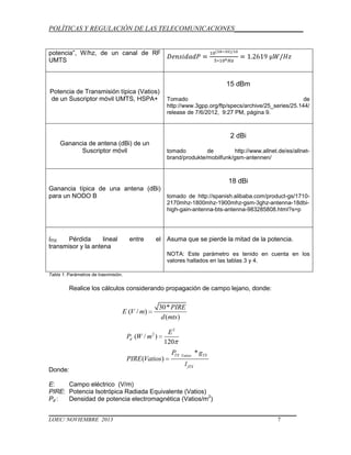 POLÍTICAS Y REGULACIÓN DE LAS TELECOMUNICACIONES____________________
potencia”, W/hz, de un canal de RF
UMTS

15 dBm
Potencia de Transmisión típica (Vatios)
de un Suscriptor móvil UMTS, HSPA+

Tomado
de
http://www.3gpp.org/ftp/specs/archive/25_series/25.144/
release de 7/6/2012, 9:27 PM, página 9.

2 dBi
Ganancia de antena (dBi) de un
Suscriptor móvil

tomado
de
http://www.allnet.de/es/allnetbrand/produkte/mobilfunk/gsm-antennen/

18 dBi
Ganancia típica de una antena (dBi)
para un NODO B
tomado de http://spanish.alibaba.com/product-gs/17102170mhz-1800mhz-1900mhz-gsm-3ghz-antenna-18dbihigh-gain-antenna-bts-antenna-983285808.html?s=p

lfTX:
Pérdida
lineal
transmisor y la antena

entre

el Asuma que se pierde la mitad de la potencia.
NOTA: Este parámetro es tenido en cuenta en los
valores hallados en las tablas 3 y 4.

Tabla 1. Parámetros de trasnmisión.

Realice los cálculos considerando propagación de campo lejano, donde:

E (V / m)

Pd (W / m 2 )

30* PIRE
d (mts)
E2
120

PIRE (Vatios)
Donde:

P Vatios * gTX
TX
l fTX

E:
Campo eléctrico (V/m)
PIRE: Potencia Isotrópica Radiada Equivalente (Vatios)
Pd :
Densidad de potencia electromagnética (Vatios/m2)
LOEC/ NOVIEMBRE 2013

7

 