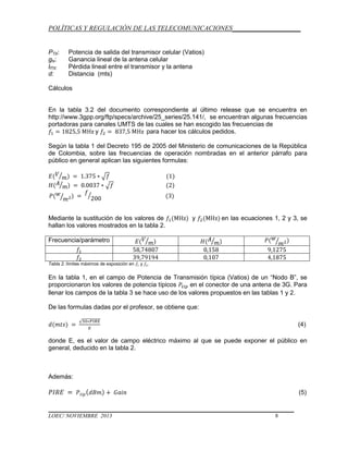 POLÍTICAS Y REGULACIÓN DE LAS TELECOMUNICACIONES____________________

PTX:
gtx:
lfTX:
d:

Potencia de salida del transmisor celular (Vatios)
Ganancia lineal de la antena celular
Pérdida lineal entre el transmisor y la antena
Distancia (mts)

Cálculos

En la tabla 3.2 del documento correspondiente al último release que se encuentra en
http://www.3gpp.org/ftp/specs/archive/25_series/25.141/, se encuentran algunas frecuencias
portadoras para canales UMTS de las cuales se han escogido las frecuencias de
y
para hacer los cálculos pedidos.
Según la tabla 1 del Decreto 195 de 2005 del Ministerio de comunicaciones de la República
de Colombia, sobre las frecuencias de operación nombradas en el anterior párrafo para
público en general aplican las siguientes formulas:
(1)
(2)

Mediante la sustitución de los valores de
hallan los valores mostrados en la tabla 2.

y

en las ecuaciones 1, 2 y 3, se

Frecuencia/parámetro

Tabla 2. límites máximos de exposición en

y

.

En la tabla 1, en el campo de Potencia de Transmisión típica (Vatios) de un “Nodo B”, se
proporcionaron los valores de potencia típicos
en el conector de una antena de 3G. Para
llenar los campos de la tabla 3 se hace uso de los valores propuestos en las tablas 1 y 2.
De las formulas dadas por el profesor, se obtiene que:
(4)
donde E, es el valor de campo eléctrico máximo al que se puede exponer el público en
general, deducido en la tabla 2.

Además:
(5)

LOEC/ NOVIEMBRE 2013

8

 