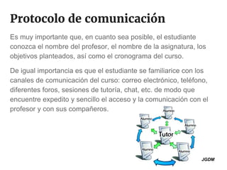 Protocolo de comunicación
Es muy importante que, en cuanto sea posible, el estudiante
conozca el nombre del profesor, el nombre de la asignatura, los
objetivos planteados, así como el cronograma del curso.
De igual importancia es que el estudiante se familiarice con los
canales de comunicación del curso: correo electrónico, teléfono,
diferentes foros, sesiones de tutoría, chat, etc. de modo que
encuentre expedito y sencillo el acceso y la comunicación con el
profesor y con sus compañeros.
JGDM
 