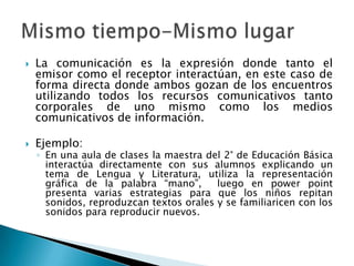    La comunicación es la expresión donde tanto el
    emisor como el receptor interactúan, en este caso de
    forma directa donde ambos gozan de los encuentros
    utilizando todos los recursos comunicativos tanto
    corporales de uno mismo como los medios
    comunicativos de información.

   Ejemplo:
    ◦ En una aula de clases la maestra del 2° de Educación Básica
      interactúa directamente con sus alumnos explicando un
      tema de Lengua y Literatura, utiliza la representación
      gráfica de la palabra “mano”,      luego en power point
      presenta varias estrategias para que los niños repitan
      sonidos, reproduzcan textos orales y se familiaricen con los
      sonidos para reproducir nuevos.
 