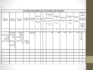 2.
CUADRO RESUMEN DE FACTORES DE RIESGO
GRUPO DE
RIESGO
FACTOR
DE RIESGO
FUENTE DE
RIESGO
ÁREAS
AFECTADA
S
SECCIÓN
AFECTAD
A
PUESTOS
TRABAJO
AFECTAD
O
No.
EX
P
TOTA
L
EXP.
RESULTAD
OS
GRADO DE
PELIGRO
P * E * C =
GP
REPERCUSI
ÓN
PARTICULAR
( 7X 9 )
PRIORIDAD
PARTICULA
R
REPERCUSI
ÓN
GENERAL
( 9X 8 )
PRIORIDA
D
GENERAL
.
MÉTODO
DE
CONTROL
INSTALADO
RECOMEND
O
FUENTE
MEDIO
HOMBRE
1 2 3 4 5 6 7 8 9 10 11 12 13 14 15
2
Contaminant
es del
ambiente
tipo químico
2E polvo,
2J ácidos,
bases,
2L
desechos,
2M
plaguicid
as
residuos
sólidos
contaminad
os con
hidrocarbur
os
bodegas
relleno
operació
n
1 2 2 625 1250 5210 1250 5210 uso
de
los
epp
 