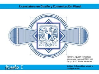 Licenciatura en Diseño y Comunicación Visual
Nombre: Agustin Torres Islas
Número de cuenta:415051185
Grupo: 9112 Primer semestre
Unidad 3.Gramática visual y
configuración
 