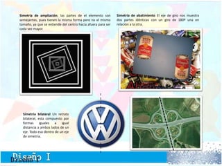 Simetría de ampliación, las partes de el elemento son
semejantes, pues tienen la misma forma pero no el mismo
tamaño, ya que se extiende del centro hacia afuera para ser
cada vez mayor.
Simetría de abatimiento El eje de giro nos muestra
dos partes idénticas con un giro de 180º una en
relación a la otra.
Simetría bilateral Un retrato
bilateral, esta compuesto por
formas iguales a igual
distancia a ambos lados de un
eje. Todo eso dentro de un eje
de simetría.
 