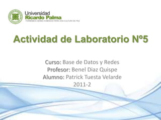 Actividad de Laboratorio Nº5 Curso: Base de Datos y Redes Profesor: Benel Diaz Quispe Alumno: Patrick Tuesta Velarde 2011-2 