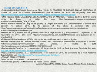 •Organización de los Estados Americanos OEA. (2013). EL PROBEMA DE DROGAS EN LAS AMERICAS. 17
octubre de 2015, de Comisión Interamericana para el control del abuso de drogas.org Sitio web:
http://www.cicad.oas.org/drogas/elinforme/informeDrogas2013/drogasSeguridad_ESP.pdf
•ONU. (Octubre 2008). LA AMENAZA DEL NARCOTRÁFICO EN AMÉRICA. 17 octubre de 2015, de ONU, oficina
contra la droga y el delito Sitio web: https://www.unodc.org/documents/data-and-
analysis/Studies/Reporte_OEA_2008.pdf
•revista National Institute on Drug Abuse. (2014). La Drogas, el Cerebro y el Comportamiento: la ciencia de la
adicción. 17 octubre 2015, de the science of drug abuse & addiction Sitio web:
https://www.drugabuse.gov/es/publicaciones/las-drogas-el-cerebro-y-el-comportamiento-la-ciencia-de-la-
adiccion/abuso-y-adiccion-las-drogas
•“México se va quedando sin los grandes capos de la vieja escuela”[s.f], narcoviolencia. Disponible: 20 de
noviembre de 2015, Sitio web: http://www.narcoviolencia.com.mx/2015/03/mexico-se-va-quedando-sin-los-
grandes.html
•Guillermo Valdéz Castellanos. (2013). Historia del Narcotráfico en México. México: Aguilar.
•Revista Internacional de Ciencias Sociales numero 169. "Narcotráfico: dimensiones económicas y sociales.
"http://www.unesco.org/new/es/mexico/. 2001. Unesco. 17 octubre de 2015
http://unesdoc.unesco.org/images/0012/001239/123953s.pdf.
•Real Academia Española. [s.f.]. narcotráfico. 15 de octubre de 2015, de Real Academia Española Sitio web:
http://dle.rae.es/?w=narcotr%C3%A1fico&m=form&o=h
•Real Academia Española. [s.f.]. narcotraficante. 15 de octubre de 2015, de Diccionario de la Real Academia
Española Sitio web: http://dle.rae.es/?w=narcotraficante&m=form&o=h
•CODIGO PENAL FEDERAL
Última reforma publicada el 12 de marzo de 2015
•Jaime Avilés. (2007). Los Manicomios del Poder. México: Debate.
•Antonio Velazco Piña. (2005). Circulo Negro. México: Punto de Lectura.
 