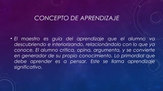CONCEPTO DE APRENDIZAJE
• El maestro es guía del aprendizaje que el alumno va
descubriendo e interiorizando, relacionándolo con lo que ya
conoce. El alumno critica, opina, argumenta, y se convierte
en generador de su propio conocimiento. Lo primordial que
debe aprender es a pensar. Este se llama aprendizaje
significativo.
 