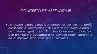 CONCEPTO DE APRENDIZAJE
• Se daban clases expositivas donde el alumno no podía
cuestionar los contenidos, y debía repetirlos aunque para él
no tuvieran significación. Esta fue la escuela conductista
que premiaba o castigaba a los alumnos según lograran o
no los objetivos propuestos por sus mayores.
 