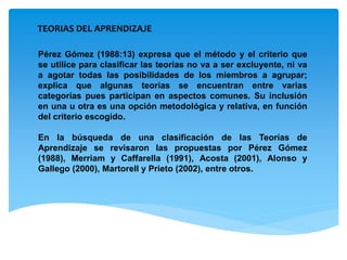 TEORIAS DEL APRENDIZAJE
Pérez Gómez (1988:13) expresa que el método y el criterio que
se utilice para clasificar las teorías no va a ser excluyente, ni va
a agotar todas las posibilidades de los miembros a agrupar;
explica que algunas teorías se encuentran entre varias
categorías pues participan en aspectos comunes. Su inclusión
en una u otra es una opción metodológica y relativa, en función
del criterio escogido.
En la búsqueda de una clasificación de las Teorías de
Aprendizaje se revisaron las propuestas por Pérez Gómez
(1988), Merriam y Caffarella (1991), Acosta (2001), Alonso y
Gallego (2000), Martorell y Prieto (2002), entre otros.
 