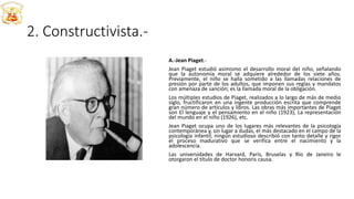 2. Constructivista.-
A.-Jean Piaget.-
Jean Piaget estudió asimismo el desarrollo moral del niño, señalando
que la autonomía moral se adquiere alrededor de los siete años.
Previamente, el niño se halla sometido a las llamadas relaciones de
presión por parte de los adultos, que imponen sus reglas y mandatos
con amenaza de sanción; es la llamada moral de la obligación.
Los múltiples estudios de Piaget, realizados a lo largo de más de medio
siglo, fructificaron en una ingente producción escrita que comprende
gran número de artículos y libros. Las obras más importantes de Piaget
son El lenguaje y el pensamiento en el niño (1923), La representación
del mundo en el niño (1926), etc.
Jean Piaget ocupa uno de los lugares más relevantes de la psicología
contemporánea y, sin lugar a dudas, el más destacado en el campo de la
psicología infantil; ningún estudioso describió con tanto detalle y rigor
el proceso madurativo que se verifica entre el nacimiento y la
adolescencia.
Las universidades de Harvard, París, Bruselas y Río de Janeiro le
otorgaron el título de doctor honoris causa.
 