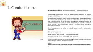1. Conductismo.- A.- John Broadus Watson.- En lo correspondiente a aportes pedagógicos.
Desarrolla el Conductismo, el cual en la a actualidad se emplea en muchas
terapias psicológicas.
El conductismo menciona que la conducta humana, a la que debe ser objeto
de estudio de la Psicología, y las relaciones entre estímulo y respuesta, más
que el estado mental de las personas. Tomaría como unidad de estudio, la
relación estímulo – respuesta, en donde se entiende por estímulo a cualquier
factor externo y por respuesta a la relación o conducta que se obtenga al
aplicar dicho estímulo.
En el conductismo se utiliza el método experimental y observación
controlada.
Esta corriente propone:
a) La Psicología debe estudiar a la conducta observable.
b) Que la conducta es una actividad de todo organismo.
c) Que el organismo en su comportamiento y funciones fisiológicas deben ser
estudiadas por métodos objetivos y rigurosos.
Video.-
https://www.youtube.com/results?search_query=bografia+de+john+watso
n
 