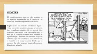 APORTES
-El condicionamiento tiene un valor práctico en
los aspectos emocionales de la conducta, en
cuanto a la adquisición y cambio de actitudes.
-Explica como los estímulos simultáneos llegan a
evocar respuestas semejantes, aunque tal respuesta
fuera evocada en principio sólo por uno de ellos,
generando gran ventaja en el campo educativo, es
decir que si, en algún momento a un individuo se
le pueda llegar a presentar una situación en que el
estímulo haya sido establecido con anterioridad,
su reacción es el buscar solución debido que su
respuesta ha sido generada independientemente
del estimulo señalado.
 