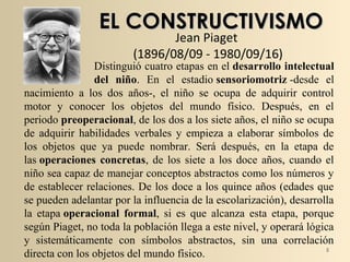 5
EL CONSTRUCTIVISMOEL CONSTRUCTIVISMO
Jean Piaget
(1896/08/09 - 1980/09/16)
Distinguió cuatro etapas en el desarrollo intelectual
del niño. En el estadio sensoriomotriz -desde el
nacimiento a los dos años-, el niño se ocupa de adquirir control
motor y conocer los objetos del mundo físico. Después, en el
periodo preoperacional, de los dos a los siete años, el niño se ocupa
de adquirir habilidades verbales y empieza a elaborar símbolos de
los objetos que ya puede nombrar. Será después, en la etapa de
las operaciones concretas, de los siete a los doce años, cuando el
niño sea capaz de manejar conceptos abstractos como los números y
de establecer relaciones. De los doce a los quince años (edades que
se pueden adelantar por la influencia de la escolarización), desarrolla
la etapa operacional formal, si es que alcanza esta etapa, porque
según Piaget, no toda la población llega a este nivel, y operará lógica
y sistemáticamente con símbolos abstractos, sin una correlación
directa con los objetos del mundo físico.
 