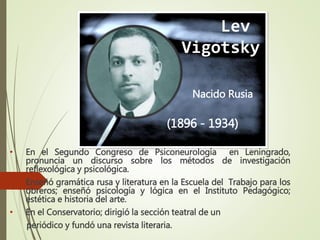 (1896 - 1934)
Lev
Vigotsky
• En el Segundo Congreso de Psiconeurología en Leningrado,
pronuncia un discurso sobre los métodos de investigación
reflexológica y psicológica.
• Enseñó gramática rusa y literatura en la Escuela del Trabajo para los
obreros; enseñó psicología y lógica en el Instituto Pedagógico;
estética e historia del arte.
• En el Conservatorio; dirigió la sección teatral de un
periódico y fundó una revista literaria.
Nacido Rusia
 