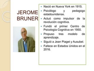 JEROME
BRUNER
 Nació en Nueva York en 1915.
 Psicólogo y pedagogo
estadounidense.
 Actuó como impulsor de la
revolución...