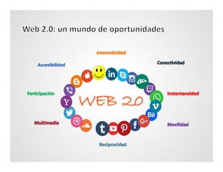  La web 2.0 permite un aprendizaje no jerárquico y multidireccional.
 Los profesores y alumnos adoptan nuevos papeles.
...
