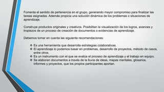 Fomenta el sentido de pertenencia en el grupo, generando mayor compromiso para finalizar las
tareas asignadas. Además propicia una solución dinámica de los problemas o situaciones de
aprendizaje.
Construye productos originales y creativos. Posibilitan la visualización de los logros, avances y
tropiezos de un proceso de creación de documentos o evidencias de aprendizaje.
Debemos tomar en cuenta las siguiente recomendaciones:
 Es una herramienta que desarrolla estrategias colaborativas.
 El aprendizaje lo podemos basar en problemas, desarrollo de proyectos, método de casos,
entre otros.
 Es un instrumento con el que se evalúa el proceso de aprendizaje y el trabajo en equipo.
 Se elaboran documentos a través de la lluvia de ideas, mapas mentales, glosarios,
informes y proyectos, que los propios participantes aportan.
 