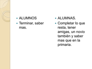 ALUMNOSTerminar, saber mas.ALUMNAS.Completar lo que resta, tener amigas, un novio también y saber mas que en la primaria.