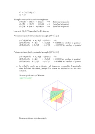 x2 = (31/33)(0) = 31 
x3 = 33 
Reemplazando en las ecuaciones originales: 
(-0.9)28 + (0.6)31 + (0.2)33 = 0 Satisface la igualdad 
(0.4)28 + (-1) 31 + (0.6)33 = 0 Satisface la igualdad 
(0.5)28 + (0.4)31 +(-0.8)33 = 0 Satisface la igualdad 
La n-upla (28,31,33) es solución del sistema. 
Probamos si es solución particular la n-upla (80/45, 2, 2) 
(-9/10)(80/45) + (6/10)2 + (2/10)2 = 0 
(2/5)(80/45) + (-1)2 + (3/5)2 = 0.08888 No satisface la igualdad 
(1/2)(80/45) + (2/5)2 + (-4/5)2 = 0.08888 No satisface la igualdad 
Probamos si es solución particular la n-upla (80/45, 2, 2) 
(-9/10)(80/45) + (6/10)2 + (2/10)2 = 0 
(2/5)(80/45) + (-1)2 + (3/5)2 = 0.08888 No satisface la igualdad 
(1/2)(80/45) + (2/5)2 + (-4/5)2 = 0.08888 No satisface la igualdad 
e- La solución puede ser graficada, y el sistema es compatible determinado, 
tiene infinitas soluciones, porque los planos se intersectan en una recta 
solución. 
Sistema graficado con Winplot: 
Sistema graficado con Autograph: 
 