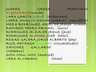 JUAREZ        GRESS           FRANCISCO
ALEJANDRO(Youtube)
LARA GARCÌA JOSUÈ  (SlideShare)
LOPEZ ANGULO OSKAR GABRIEL (openoffice)
MEZA RODRÌGUEZ ARIEL DE JESÙS  (Linux)
RAMIREZ PEDRO ABIMAEL  (Unix)
RODRIGUEZ ALZALDE JESUS (java)
RODRIGUEZ ALONSO JOSÈ  (html)
ROSAS GALERA JORGE ALBERTO (php)
RUIZ ARTEAGA RICARDO (visualStudio)
SÁNCHEZ    GALLARDO      JESÚS   ALEXIS
(Netbeans)
SHIN CHUL WOO (Android)
VERA ALVARADO RUTH  (IOSx)
 