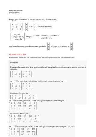 Gustavo Zamar
Sofía Torres
Luego, para determinar el autovector asociado al autovalor 0:
[1 −1 0
−1 2 −1
0 −1 1 ] [
x
y
z] = 0
[
x
y
z] Entonces tenemos
[ x−y=0 x
−x+2 y−z=0 y
−y+z=0z ] Luego: −x+2 z−z=0→−x+z=0→x=z
− y+z=0→ y=z
con lo cual tenemos que el autovector quedaría
[
z
z
z] o lo que es lo mismo z
[
1
1
1]
DIAGONALIZACION
Construimos la matriz P con los autovectores obtenidos y verificamos si ésta admite inversa:
 