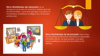 ÉTICA PROFESIONAL DEL ABOGADO. En la
abogacía se ponen en práctica valores que son
fundamentales, como por ejemplo, la justicia, la
honestidad, la lealtad, la diligencia y el secreto
profesional.
ÉTICA PROFESIONAL DE UN DOCENTE: Para todos
los docentes es de suma importancia desarrollar
principios éticos, ya que poseen una gran
responsabilidad social de transmitirlos a los
demás.
 
