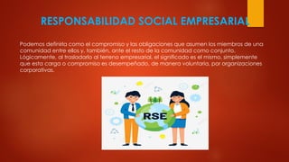RESPONSABILIDAD SOCIAL EMPRESARIAL
Podemos definirla como el compromiso y las obligaciones que asumen los miembros de una
comunidad entre ellos y, también, ante el resto de la comunidad como conjunto.
Lógicamente, al trasladarlo al terreno empresarial, el significado es el mismo, simplemente
que esta carga o compromiso es desempeñado, de manera voluntaria, por organizaciones
corporativas.
 