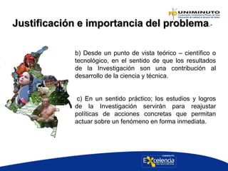 b) Desde un punto de vista teórico – científico o
tecnológico, en el sentido de que los resultados
de la Investigación son una contribución al
desarrollo de la ciencia y técnica.
c) En un sentido práctico; los estudios y logros
de la Investigación servirán para reajustar
políticas de acciones concretas que permitan
actuar sobre un fenómeno en forma inmediata.
Justificación e importancia del problema.-
 