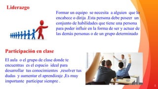 8
Liderazgo
Formar un equipo se necesita a alguien que lo
encabece o dirija .Esta persona debe poseer un
conjunto de habilidades que tiene una persona
para poder influir en la forma de ser y actuar de
las demás personas o de un grupo determinado
Participación en clase
El aula o el grupo de clase donde te
encuentras es el espacio ideal para
desarrollar tus conocimientos ,resolver tus
dudas y aumentar el aprendizaje ,Es muy
importante participar siempre .
 