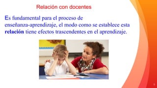 9
Relación con docentes
Es fundamental para el proceso de
enseñanza-aprendizaje, el modo como se establece esta
relación tiene efectos trascendentes en el aprendizaje.
 