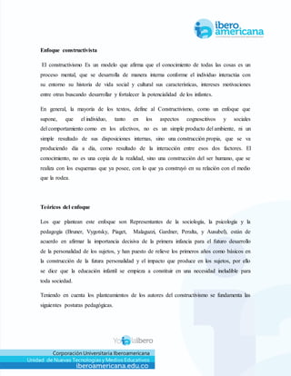 Corporación Universitaria Iberoamericana
Unidad de Nuevas Tecnologías y Medios Educativos
Enfoque constructivista
El constructivismo Es un modelo que afirma que el conocimiento de todas las cosas es un
proceso mental, que se desarrolla de manera interna conforme el individuo interactúa con
su entorno su historia de vida social y cultural sus características, intereses motivaciones
entre otras buscando desarrollar y fortalecer la potencialidad de los infantes.
En general, la mayoría de los textos, define al Constructivismo, como un enfoque que
supone, que el individuo, tanto en los aspectos cognoscitivos y sociales
del comportamiento como en los afectivos, no es un simple producto del ambiente, ni un
simple resultado de sus disposiciones internas, sino una construcción propia, que se va
produciendo día a día, como resultado de la interacción entre esos dos factores. El
conocimiento, no es una copia de la realidad, sino una construcción del ser humano, que se
realiza con los esquemas que ya posee, con lo que ya construyó en su relación con el medio
que la rodea.
Teóricos del enfoque
Los que plantean este enfoque son Representantes de la sociología, la psicología y la
pedagogía (Bruner, Vygotsky, Piaget, Malaguzzi, Gardner, Peralta, y Ausubel), están de
acuerdo en afirmar la importancia decisiva de la primera infancia para el futuro desarrollo
de la personalidad de los sujetos, y han puesto de relieve los primeros años como básicos en
la construcción de la futura personalidad y el impacto que produce en los sujetos, por ello
se dice que la educación infantil se empieza a constituir en una necesidad ineludible para
toda sociedad.
Teniendo en cuenta los planteamientos de los autores del constructivismo se fundamenta las
siguientes posturas pedagógicas.
 