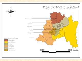 RMSLa Región Metropolitana de Santiago es una de las quince regiones en las que se encuentra dividido Chile. Limita al norte y al oeste con la V Región de Valparaíso, al sur con la VI Región del Libertador General Bernardo O'Higgins y al este con la República Argentina.Con una superficie de 15.403,2 km², es la más pequeña de todas las regiones pero es también la más habitada, con una población estimada al año 2006 de 6.607.805 habitantes. La región está compuesta por las provincias de Chacabuco, Cordillera, Maipo, Melipilla, Santiago y Talagante, siendo la capital regional la ciudad de Santiago de Chile.La Región Metropolitana cuenta con diversas características especiales por ser sede de la capital del país, dentro de las que se encuentra ser la única región que no está denominada a través de un número romano (aunque le correspondería el XIII y en algunas oportunidades es denominada como la Décimotercera Región). Además, es la única región de todo el país que no cuenta con un acceso directo al Océano Pacífico.