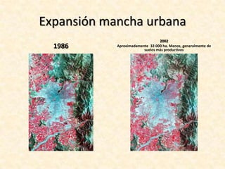 Gran SantiagoEl Gran Santiago (GS) tiene actualmente una extensión aproximada de 55 mil hectáreas y alberga a 5,5 millones de habitantes (densidad media de 100 habitantes por hectárea).Entre los años 1982 y 2002, se produjo en el Gran Santiago un crecimiento sesgado y socialmente ineficiente hacia el sur, sur-poniente (Maipú) y oriente.Si se toma como referencia el año 2012 (10 años), el sólo crecimiento vegetativo de la población generará una demanda de suelo por aproximadamente 11.000 hectáreas en el GS. 
