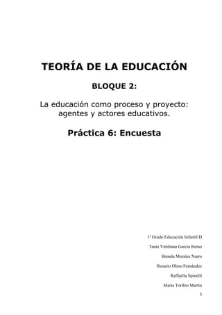 TEORÍA DE LA EDUCACIÓN
            BLOQUE 2:

La educación como proceso y proyecto:
     agentes y actores educativos.

      Práctica 6: Encuesta




                          1º Grado Educación Infantil D

                           Tania Viridiana García Reino

                                 Brenda Morales Narro

                               Rosario Olmo Fernández

                                      Raffaella Spinelli

                                  Marta Toribio Martín
                                                      5
 