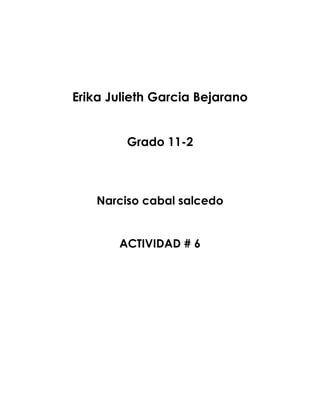 Erika Julieth Garcia Bejarano<br />Grado 11-2<br />Narciso cabal salcedo<br />ACTIVIDAD # 6<br />Solución de Estudio de la TARJETA MADRE DE UN PC DEL                                                                                              COLEGIO<br />1.  R// Ranuras de expansión ISA: ISA es la abreviatura de Arquitectura estándar de la industria por mucho tiempo fue la ranura que se utilizaba en cualquier computadora para conectar tarjetas de sonido, video, fax, red de 8MHz, actualmente ya es obsoleta. <br />ROM BIOS de sistema: ROM (memoria solo de lectura) BIOS (sistema básico de entrada/salida de la computadora) del sistema es una memoria flash EEPROM (memoria de solo lectura probable y borrable electrónicamente), esta memoria incorpora todas las funciones ROM POST y funciones básicas, así como la configuración del<br />Reguladores de voltaje: Para  que el microprocesador funcione correctamente necesita que el voltaje se mantenga sin ninguna variación, por lo que necesita un regulador  de voltaje para mantener regulado.<br />Conector de disquetera: la controladora de disquete viene incorporada en la tarjeta madre y posee un conector de 34 pines conecte aquí el cable de disquetera.<br />Batería: provee la energía necesaria para mantener almacenada la información básica del sistema tal como la fecha, hora, configuración básica de la computadora grabada en ROM BIOS del sistema.<br />Conector de la tarjeta de sonido: conector para tarjeta de sonido 3D incorporada en la tarjeta madre, cumple con las especificaciones PC98, audio posicional HRTF, interface para conexión de 4 bocinas.<br />3 RANURAS DE MEMORIA DIMM SDRAM: soporta 3 DIMM de memoria SDRAM PC100 hasta 768MB, nota; no es necesario colocarlos en parejas con un DIMM es suficiente.<br />Conector de fuente de alimentación AT: este conector de voltaje se ha vuelto obsoleto es un conector con 12 contactos, aquí se conecta la fuente de alimentación, utilizado la regla los cables negros van juntos al centro, un error en la colocación  puede causar que la tarjeta madre se dañe.<br />Chipset o MCH: el chipset de esta tarjeta madre incorpora una controladora para video por lo que no es necesario comparar otra. <br />Conector de fuente de alimentación ATX: debido a las mejoras de las fuentes de alimentación ATX o ATX12, estas son las que se  usan en la actualidad. Utiliza un conector de 20 conectores para evitar conectarlos de manera incorrecta.<br />Chip de memoria incorporada cache L2: el sistema 1MB de memoria cache Pipelined Burst Synchronous<br />Conector IDE secundario: es conector que se utiliza generalmente para conectar discos duros, unidades de CD-ROW o DVD y cualquier dispositivo de almacenamiento IDE con tecnología ultraDMA/33<br />Conector IDE primario: este conector se utiliza generalmente para conectar disco, unidades de CD-ROW o DVD  y cualquier dispositivo de almacenamiento IDE con tecnología ultraDMA/33<br />Socket Super 7 compatible con socket 7: el Socket Super 7 soporta procesadores con velocidades desde 90 hasta 500MHz con FBS de 75/83/95]/1000MHz, entre las  que soporta están Intel P54C/P55C cyrix/1BM 6x86/6x86MX/MII IDT C6/WinCHip2 y AMD K5/K6/K6-2K6-3<br />Conector del teclado DIM: conector de la teclado o DIM ya esta descontinuado y es difícil de conseguir.<br />Ranuras de expansión de PCI: se utilizan 2 ranuras PCI para podre agregar tarjetas de expansión, soporta hasta 2 maestros de bus PCI.<br />Tarjeta MadreTm PC ‘Chips Tm Intel Tm Biostar 1En esta tarjeta se reemplaza el Atx por P1Posee en Jumper de configuración BIOSNo tiene Slot para microprocesadores siempre presentan un Zócalo.2Habían menos PCI Aparece los conectores de 12WPosee un puerto para disco duro (raid)3Todos poseen Socket y ChipEn esta tarjeta el Chipset 6M-CH aumenta su tamañoNo posee voltaje AT4Poseen puerto de salida de Mouse y TecladoEn esta tarjeta se encuentra el codificado de AudioPosee una Red de Área Local. Inalámbrica (Wirredeleslan)<br />3.Estudiaremos la tarjeta TM P4M900-M7 FE.<br />4.Los elementos que se reciben por la compra de esta tarjeta madre es una guía de instalación que controla la instalación completa del CD-1u copia de disco duro y 1u y panel trasero E/S1u, los elementos q posiblemente no se encuentran son:<br />-cable señal Ata x1.<br />-serial ATA cable de alimentación X1.<br />-cable de impresora paralelo X1.<br />5. <br /> <br />                                     COTIZACIONProveedorOscar Fernando bejarano ProductoTm IntelCantidad1Valor en peso1.648.403Valor de venta al comprador1.854.454ganancias206.051<br />es un medio para sostener mecánicamente y conectar eléctricamente compuestos electrónicos atreves de votas o pistas de material conductor, grabadados en hojas de cable laminosas sobre un sustrato no conductor, comúnmente baquelita o fibra de vidrio.<br />Q: cómo conseguir una rápida respuesta a mi solicitud en soporte técnico.<br />A: por favor llevar a cabo una reparación simple antes de enviar el formulario de asistencia técnica a nuestro sitio web.<br />Q: es la placa madre muerta? Es necesario volver a donde he compactado o pasar por un proceso de RMA?<br />A: después de q a pasado por la solución de problemas q sin embargo persisten o se encuentra el daño evidentemente en la placa base por favor contacte con su tienda o distribuidor para obtener el servicio de RMA.<br />AVISO DE COPYRIGHT DE GARANTIA<br />La información contenida en este documento esta sujeta a cambios sin previo aviso y no representa ningún compromiso por patrones del vendedor q no asume ninguna obligación o responsabilidad por los errores q puedan aparecer en este manual. No se da garantía ni representación ni explicita ni implícita con respecto a la calidad, precisión o adecuación para cualquier tipo de daño.<br />Las conclusiones q se pueden sacar de documento traducido anteriormente es q el COPYRIGHT el vendedor no se hace responsable de nada con respecto al producto después de ser comprado por el usuario.<br /> PASO 1: retire la tapa protectora de la toma de la CPU y mantener la tapa.<br />PASO 2: tire de la toma de bloqueo de la palanca la levanto hasta 90 grados.<br />PASO 3: buscar el borde de corte triangular en zócalo y en No de hora en la PC debe apuntar hacia adelante este borde de forma triangular la CPU solo puede usarcé en la posición correcta.<br />PASÓ  4: tome la CPU firmemente hacia abajo y baje la palanca hacia la posición de cerrado.<br />PASO 5: coloque el conjunto de ventilador de la CPU en la parte superior instalada y asegúrese de q los 4 sujetadores coincidan con las aberturas de la palanca base. Oriente la reunión y el cable de ventilador es el más cercano al conector de ventilador de la CPU. <br />PASO 6: presione los sujetadores a la vez en una secuencia diagonal para asegurar el ensamble del ventilador de la CPU en su lugar, instalación de la CPU completa.<br />NOTA: no se olvide de conectar el ventilador de la CPU para más información por favor consulte el paso 3.<br />  .el tipo de procesador  es LGA775 CPU SOCKET y es compatible con Intel core duo7PENTIUM 4/PENTIUM D/CELERON D7CELERON 4XX/ procesador hasta 3.8 GHz.<br />.PSB 533/800/1U66/MHZ.<br />.El microprocesador consume 45w.<br />La advertencia dice lo sgte precaución: <br />Nuestra política de RMA solo acepta la placa cuando viene con la tapa del socket de la PC, así q por favor mantenga la tapa de protección después de la instalación no nos hacemos responsables de cualquier daño en el PIN  del socket de la CPU resultante del extravió o perdida o eliminación incorrecta de la tapa de protección.<br /> A: ranura DIMM DDR 2X2.<br />B: el tipo de memoria q soporta es la memoria DIMM.<br />C: la capacidad de memoria q soporta cada slot es limite adecuado a su procesador como por ejemplo las distintas capacidades 256 MB 5RMB, 16B, 26B. <br />D: la capacidad máxima de memoria RAM q soporta la TM es de 46B.<br />PASOS Y CUIDADOS: <br />PASO 1: desbloquear la tarjeta DIMM presionando los ganchos hacia afuera. Alinee un DIMM en la ranura de la muestra del DIMM para ver si esta coincide con la ruptura de la ranura.<br />PASO 2: inserte la DIMM verticalmente y firmemente en la ranura hasta q sujete el complemento chip de nuevo en el lugar i los DIMM estén colocados correctamente.<br /> A –cable de energía de la CPU CFANI.<br />    -cable de poder ATX de 24 pines.<br />    -alimentador ATX de 4 pines.<br />B –El cable de 4 pines es el JATXPWRZ. El elemento q necesita energía es la CPU, q utiliza conexión de este para proporcionar energía a su funcionamiento.<br />C –el 24 pines ATX JATXPWRZ es la principal fuente de alimentación y está situada junto a las ranuras DIMM.<br />D –el cable ATX 4 pines tiene 12v de alimentación a la conexión y se utiliza para proporcionar energía a la PC, además le permite conectar el ventilador a un disparador directamente a la fuente de alimentación.<br />Lo q se quiere indicar es la correcta instalación de la TM siguiendo estos pasos: <br />A: instalación del ventilador en la CPU.<br />B: Instalación de la memoria RAM.<br />C: Conectar los cables ATX de 24 pines y de 12v en los lugares correspondientes. <br />  A: entre las distintas ocasiones en las q podemos borrar las memorias ROM serán:<br />1: q se haya olvidado la contraseña del menú blogs.<br />2: no se puede arrancar el sistema debido a a q el reloj de la CPU ajusta correctamente en el menú de la BIOS, por lo tanto se debe proceder con el borrado de la RAM.<br />3: el CMOS se dañaría.<br />B: cuando el jumper es ACP significa colocarlo sobre los pines, esta cerrado, significa q el puente está cubierto.<br />C: abreviatura de complementy metal oxido semiconductor tipo de tecnología de semiconductores CMOS utilizan circuitos NMOS y PMOS.<br />CONCLUSIONES: en el anterior trabajo desarrollado se ven las características de cada una de las partes de la TM, junto con la comparación y las diferencias q hay entre las más antiguas hasta las de hoy en día. La información de gran utilidad en la cual desarrollamos más conocimientos para completar nuestra técnica en sistemas.<br />