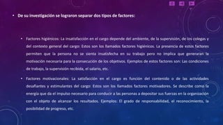 • De su investigación se lograron separar dos tipos de factores:



    • Factores higiénicos: La insatisfacción en el cargo depende del ambiente, de la supervisión, de los colegas y
       del contexto general del cargo: Estos son los llamados factores higiénicos. La presencia de estos factores
       permiten que la persona no se sienta insatisfecha en su trabajo pero no implica que generaran la
       motivación necesaria para la consecución de los objetivos. Ejemplos de estos factores son: Las condiciones
       de trabajo, la supervisión recibida, el salario, etc.

    • Factores motivacionales: La satisfacción en el cargo es función del contenido o de las actividades
       desafiantes y estimulantes del cargo: Estos son los llamados factores motivadores. Se describe como la
       energía que da el impulso necesario para conducir a las personas a depositar sus fuerzas en la organización
       con el objeto de alcanzar los resultados. Ejemplos: El grado de responsabilidad, el reconocimiento, la
       posibilidad de progreso, etc.
 