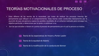 TEORÍAS MOTIVACIONALES DE PROCESO
• Estas difieren de las teorías de la necesidad, por tratar de evaluar los procesos internos del
  pensamiento que influyen en el comportamiento. Estas teorías están conducidas básicamente por la
  asunción de que una persona sopesa los posibles resultados de un esfuerzo realizado para conseguir un
  objetivo particular, y determinan por lo tanto: si continuar o no.
•   Son las que estudian o tienen en cuenta el proceso de pensamiento por el cual la persona se motiva.



                      Teoría de las expectativas de Vroom y Porter Lawler

                      Teoría de la equidad de Adams.

                      Teoría de la modificación de la conducta de Skinner
 