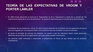 TEORÍA DE LAS EXPECTATIVAS DE VROOM Y
PORTER LAWLER

• En 1964 Vroom desarrollo la teoría de la “Expectativa” (o de la “Esperanza”) a través de su estudio de “las
  motivaciones detrás de la toma de decisiones”. Su teoría es importante para el estudio de la administración.




• La fortaleza de una tendencia a actuar de cierta manera depende de la fortaleza de una expectativa de que el
  acto será seguido por una respuesta dada y de lo atractivo que ese resultado sea para el individuo
• Se ajusta al concepto de armonía de objetivos, en cuanto a que los individuos tienen metas personales
  diferentes de las metas de la organización, pero que ambas pueden armonizarse.
• Las personas están motivadas o impulsadas a comportarse en forma tal que sienten que les producirá
  recompensas.
 