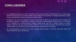 CONCLUSIONES


• La investigación muestra que tanto el hombre como la mujer prefieren comparaciones con el mismo sexo,
  también demuestra que las mujeres reciben menor sueldo que los hombres en trabajos semejantes y tienen
  menos expectativas de sueldo que ellos por el mismo trabajo.
• En México se da mucho “la venganza” cuando un trabajador no siente que es recompensado (o tratado) con
  equidad con respecto a cualquiera de su entorno o fuera de él. Definitivamente afecta mucho a su motivación
  y se ve reflejado en su comportamiento: Empieza a llegar tarde, hace mal su trabajo, siempre se muestra
  apático o aburrido. Hay casos donde deciden “cobrarse” lo que no están recibiendo, de esta forma se inicia el
  “robo hormiga” y en resumen se tiene una gran falta de compromiso con la empresa.
• Sin embargo también se puede dar en caso contrario, donde alguien se esforzará más hasta obtener los
  mismos beneficios que la otra persona.
 