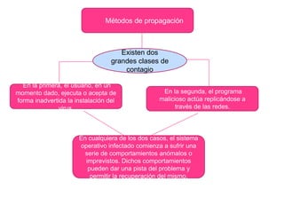 Métodos de propagación

Existen dos
grandes clases de
contagio
En la primera, el usuario, en un
momento dado, ejecuta o acepta de
forma inadvertida la instalación del
virus.

En la segunda, el programa
malicioso actúa replicándose a
través de las redes.

En cualquiera de los dos casos, el sistema
operativo infectado comienza a sufrir una
serie de comportamientos anómalos o
imprevistos. Dichos comportamientos
pueden dar una pista del problema y
permitir la recuperación del mismo.

 
