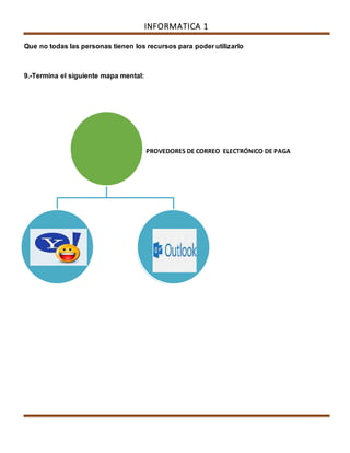 INFORMATICA 1 
Que no todas las personas tienen los recursos para poder utilizarlo 
9.-Termina el siguiente mapa mental: 
PROVEDORES DE CORREO ELECTRÓNICO DE PAGA 
 