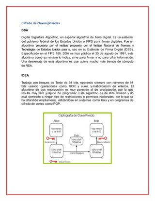 Cifrado de claves privadas
DSA
Digital Signatura Algoritmo, en español algoritmo de firma digital. Es un estándar
del gobierno federal de los Estados Unidos o FIPS para firmas digitales. Fue un
algoritmo propuesto por el instituto propuesto por el Instituto Nacional de Normas y
Tecnologías de Estados Unidos para su uso en su Estándar de Firma Digital (DSS),
Especificado en el FIPS 186. DSA se hizo público el 30 de agosto de 1991, este
algoritmo como su nombre lo indica, sirve para firmar y no para cifrar información.
Una desventaja de este algoritmo es que quiere mucho más tiempo de cómputo
de RSA.
IDEA
Trabaja con bloques de Texto de 64 bits, operando siempre con números de 64
bits usando operaciones como XOR y suma y multiplicación de enteros. El
algoritmo de des encriptación es muy parecido al de encriptación, por lo que
resulta muy fácil y rápido de programar. Este algoritmo es de libre difusión y no
está sometido a ningún tipo de restricciones o permisos nacionales, por lo que se
ha difundido ampliamente, utilizándose en sistemas como Unix y en programas de
cifrado de correo como PGP.
 
