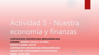 Actividad 5 - Nuestra
economía y finanzas
CORPORACION UNIVERSITARIA IBEROAMERICANA
NOMBRE : ANDRES CASTILLO ALVAREZ
DOCENTE: MARIA CASTRO
CORPORACION UNIVERSITARIA IBEROAMERICANA
ASIGANTURA: RAZONAMIENTO CUANTITATIVO
FECHA: 29-06-2018
 