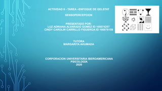 ACTIVIDAD 6 - TAREA –ENFOQUE DE GELSTAT
SENSOPERCEPCION
PRESENTADO POR:
LUZ ADRIANA ALVARADO GOMEZ ID 100074257
CINDY CAROLIN CARRILLO FIGUEROA ID 100076159
TUTORA
MARGARITA AHUMADA
CORPORACION UNIVERSITARIA IBEROAMERICANA
PSICOLOGÍA
2020
 