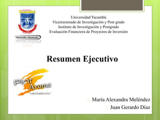 Resumen Ejecutivo
 María Alexandra Meléndez
 Juan Gerardo Díaz
Universidad Yacambú
Vicerrectorado de Investigación y Post grado
Instituto de Investigación y Postgrado
Evaluación Financiera de Proyectos de Inversión
 