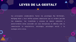 LEYES DE LA GESTALT
Sus principales colaboradores fueron los psicólogos Max Wertheimer,
Wolfgang Koler y Kurt Koffka quienes comunicaron que el cerebro percibe
los elementos, los transforma y procesa de manera coherente y
posteriormente estas coinciden con unas disciplinas en ámbitos como la
comunicación la arquitectura, sociología, psicología social y la
ecología entre otras.
2
 