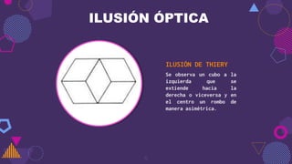 5
ILUSIÓN ÓPTICA
ILUSIÓN DE THIERY
Se observa un cubo a la
izquierda que se
extiende hacia la
derecha o viceversa y en
el centro un rombo de
manera asimétrica.
 