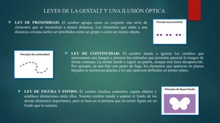 LEYES DE LA GESTALT Y UNA ILUSIÓN ÓPTICA
 LEY DE PROXIMIDAD: El cerebro agrupa como un conjunto una serie de
elementos que se encuentren a menor distancia, Los elementos que están a una
distancia cercana suelen ser percibidos como un grupo o como un mismo objeto.
 LEY DE CONTINUIDAD: El cerebro tiende a ignorar los cambios que
interrumpen una imagen y prioriza los estímulos que permitan apreciar la imagen de
forma continua. La mente tiende a seguir un patrón, aunque esta haya desaparecido.
Por ejemplo, en una foto con punto de fuga, los elementos que aparecen en planos
alejados se reconocen gracias a los que aparecen definidos en primer plano.
 LEY DE FIGURA Y FONDO: El cerebro localiza contornos, separa objetos y
establece distinciones entre ellos. Nuestro cerebro tiende a separar el fondo de los
demás elementos importantes, pero se basa en la premisa que no existe figura sin un
fondo que la sustente
 