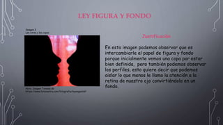 LEY FIGURA Y FONDO
Imagen 2
Las caras y las copas
Nota: Imagen Tomada de
https://www.fotonostra.com/fotografia/leyesgestalt
Justificación
En esta imagen podemos observar que es
intercambiarle el papel de figura y fondo
porque inicialmente vemos una copa por estar
bien definida, pero también podemos observar
los perfiles, esto quiere decir que podemos
aislar lo que menos le llamo la atención a la
retina de nuestro ojo convirtiéndolo en un
fondo.
 